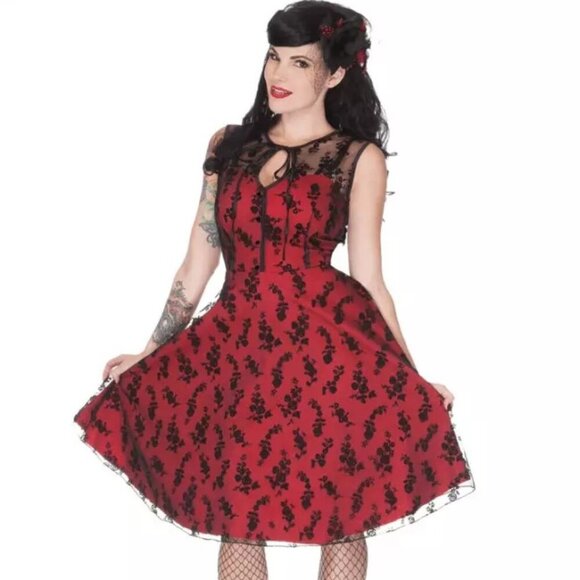 Voodoo Vixen Vintage Floral Flocked 50's Rockabilly Lace Overlay Dress Size S - Picture 1 of 10